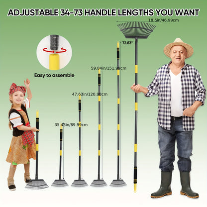Adjustable Metal Garden Leaf Rake - Heavy-Duty Steel Lawn Rake with Telescopic Handle for Efficient Yard Debris Collection