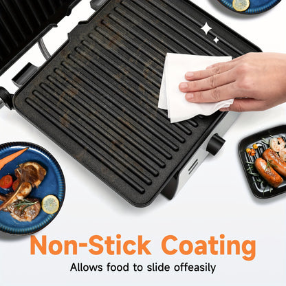 180-Degree 3-in-1 Electric Indoor Grill and Panini Press - Non-Stick Cooking Plates, Floating Hinge, Grease Tray