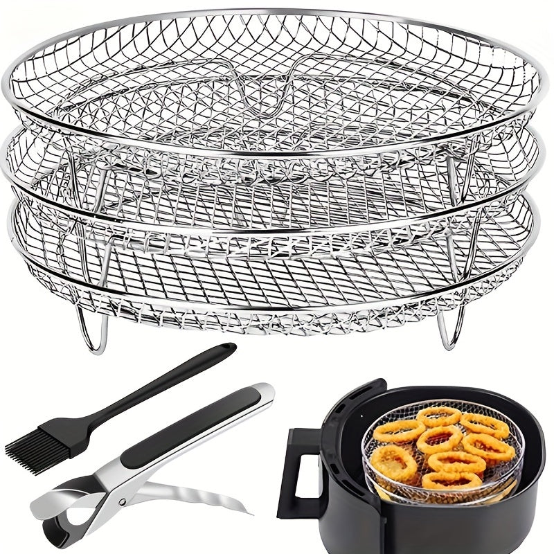 Air Fryer Accessories Set - Three-Layer Circular Grill Rack, Steam Rack, Stainless Steel Stackable Dehydration and Barbecue Rack, Drain and Filter Baskets, Oil Brush and Food Clips