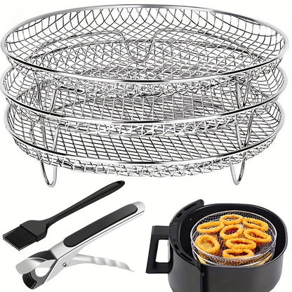 Air Fryer Accessories Set - Three-Layer Circular Grill Rack, Steam Rack, Stainless Steel Stackable Dehydration and Barbecue Rack, Drain and Filter Baskets, Oil Brush and Food Clips