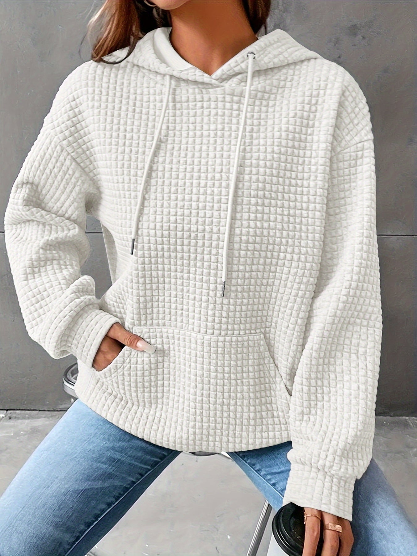 Plus Size Casual Hooded Sweatshirt for Women – Solid Waffle Pattern, Long Sleeve, with Drawstring and Pockets
