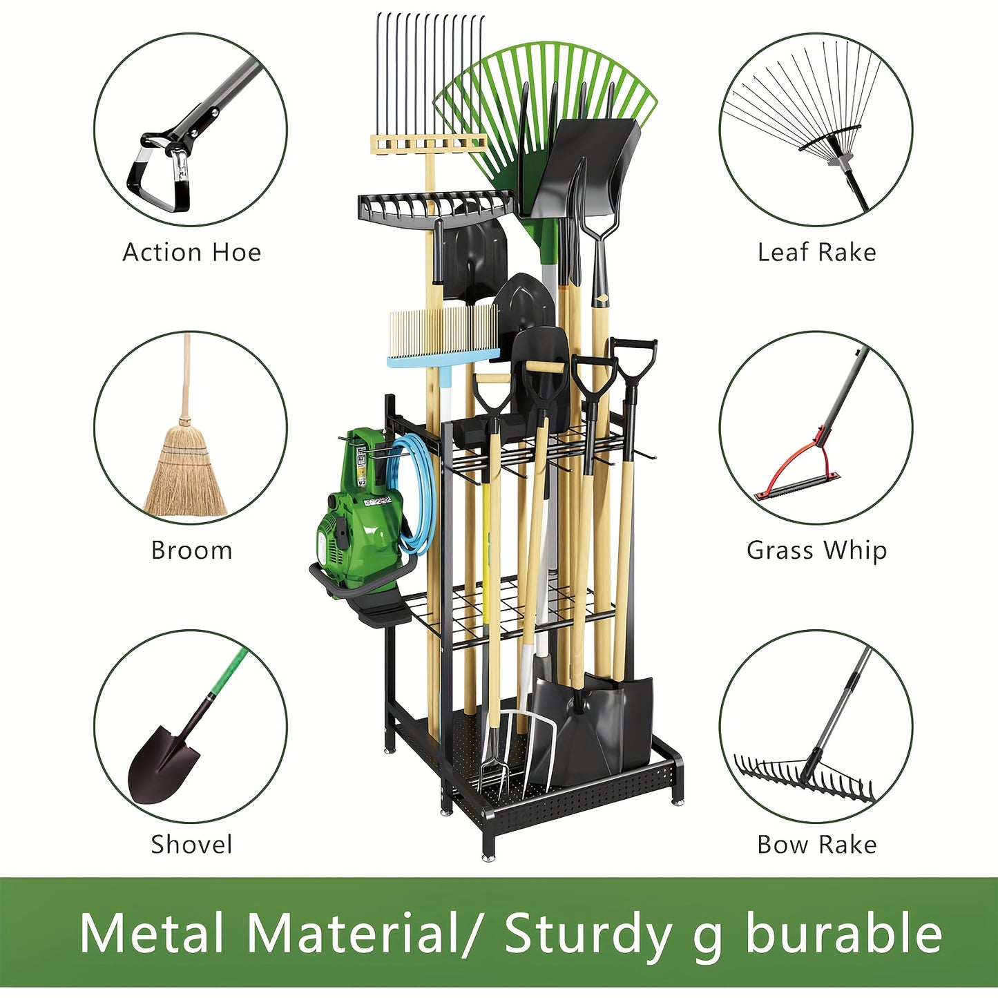 Heavy-Duty Tool Organizer Rack - Spacious Storage for Long-Handled Gardening Tools, Hooks, and Accessories - Durable Metal Construction, Sturdy Black Design, Ideal for Garage and Utility Storage