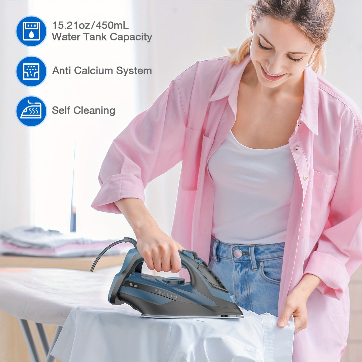 1700W Steam Iron with Rapid Heating - Ceramic Coated Soleplate, Precise Thermostat Dial, Self-Cleaning, Auto-Off, 15.21oz Water Tank - Blue