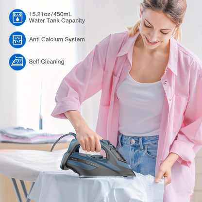 1700W Steam Iron with Rapid Heating - Ceramic Coated Soleplate, Precise Thermostat Dial, Self-Cleaning, Auto-Off, 15.21oz Water Tank - Blue