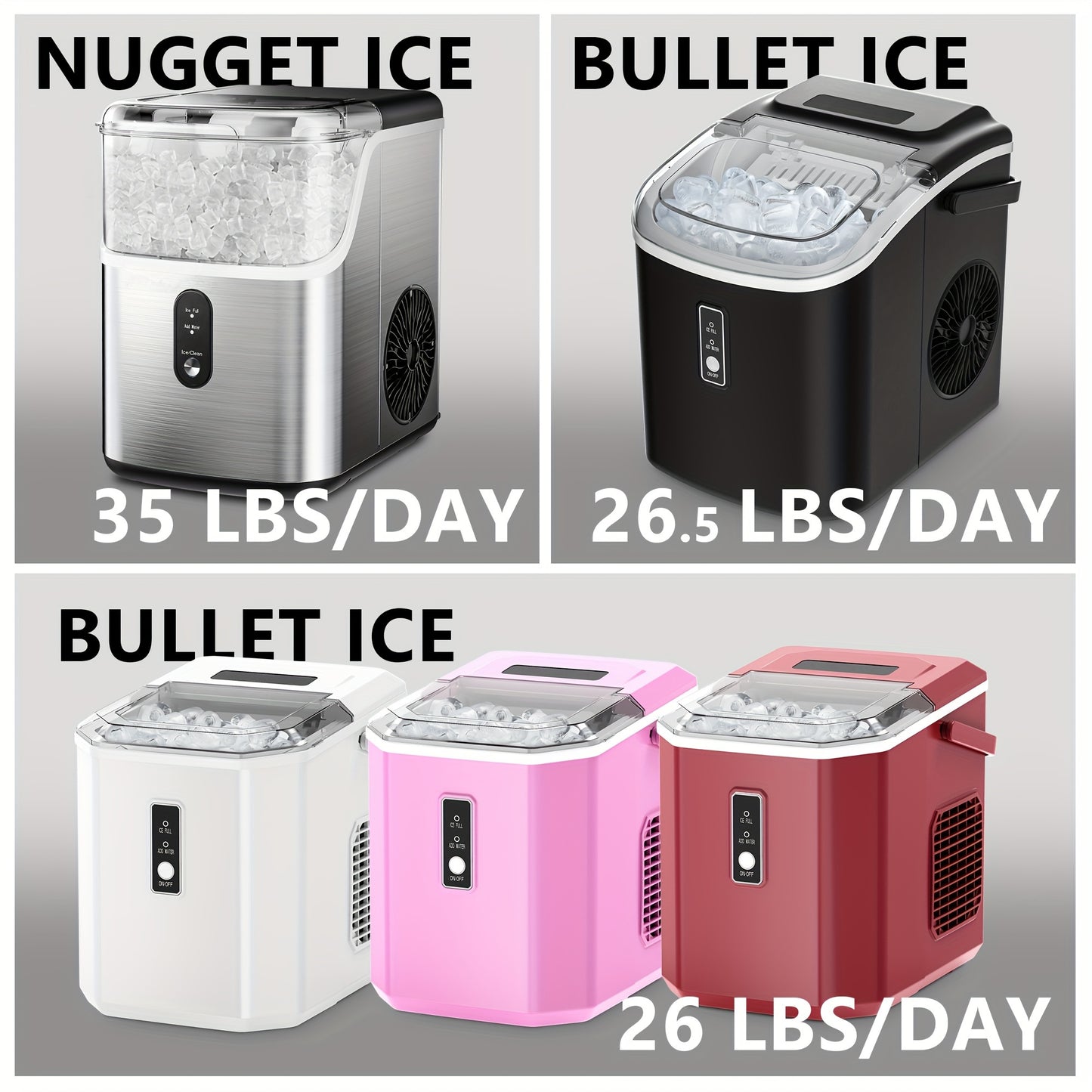 34Lbs Nugget Ice Maker & 26Lbs Bullet Ice Maker - Soft Chewable Crushed Ice Machine, Portable Countertop Ice Maker with Auto-Cleaning, Basket & Scoop, One-Button Operation for Home Use