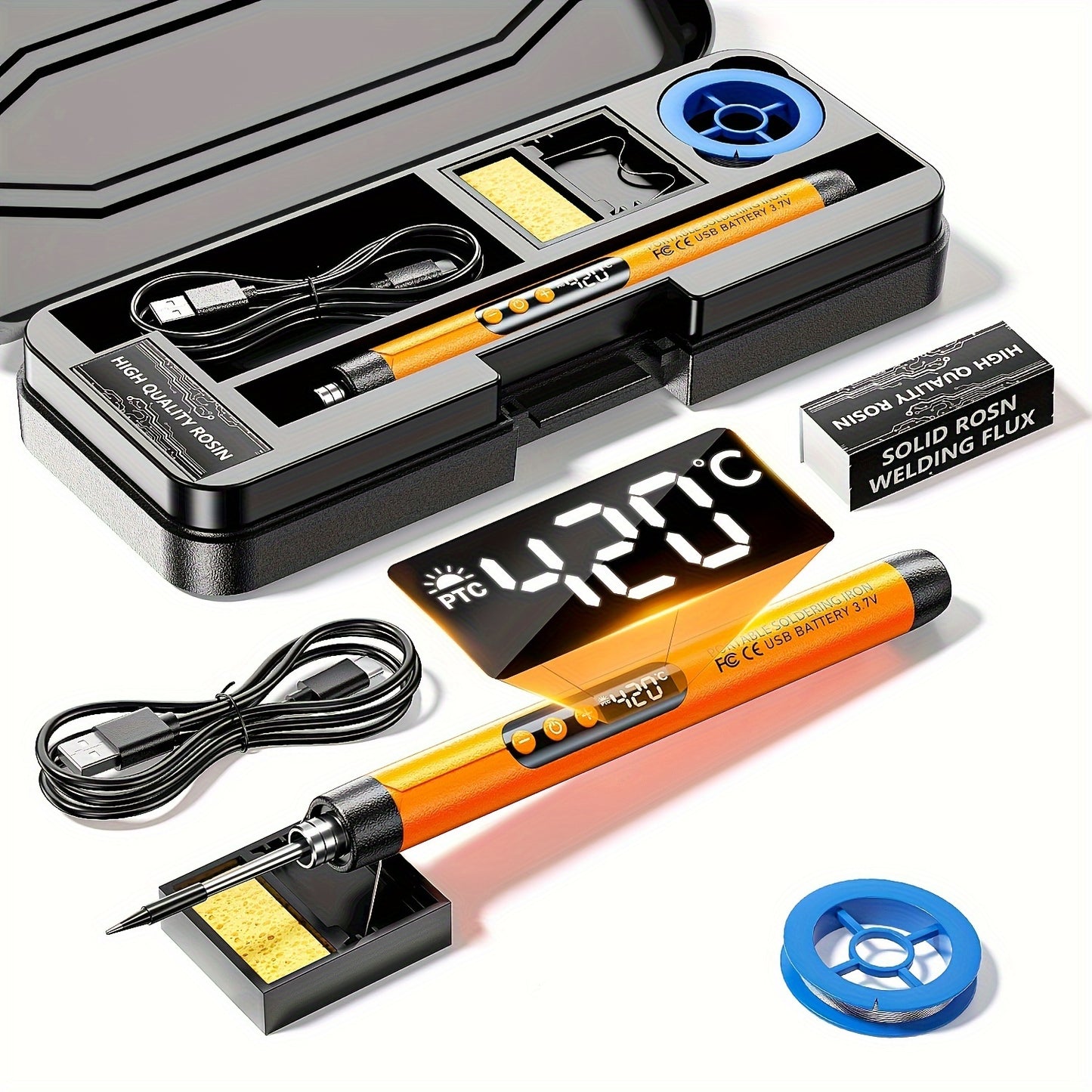 Mini Cordless Soldering Iron Kit - USB Rechargeable with Digital Display, 3 Temperature Settings, for Jewelry Crafting and DIY Projects - Orange and Dark Grey