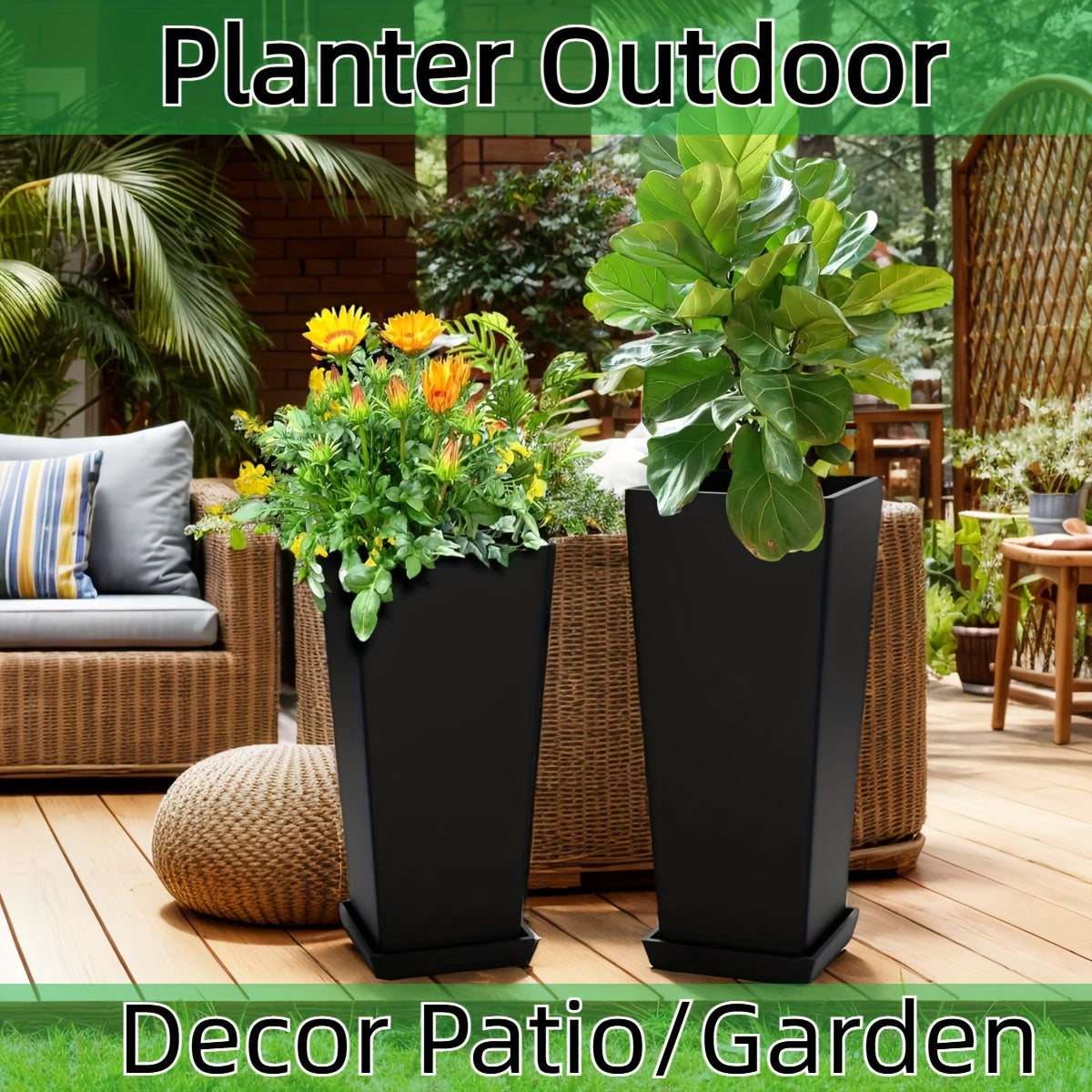 Set of 2 Tall Outdoor Planters – 24 Inch Tapered Square Flower Pots for Indoor & Outdoor Plants, Includes Tray for Trees & Flowers, Black for Patio Garden