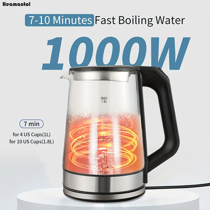 1.8L Electric Tea Kettle – Borosilicate Glass, Auto Shut Off, LED Indicator, BPA-Free for Coffee & Tea