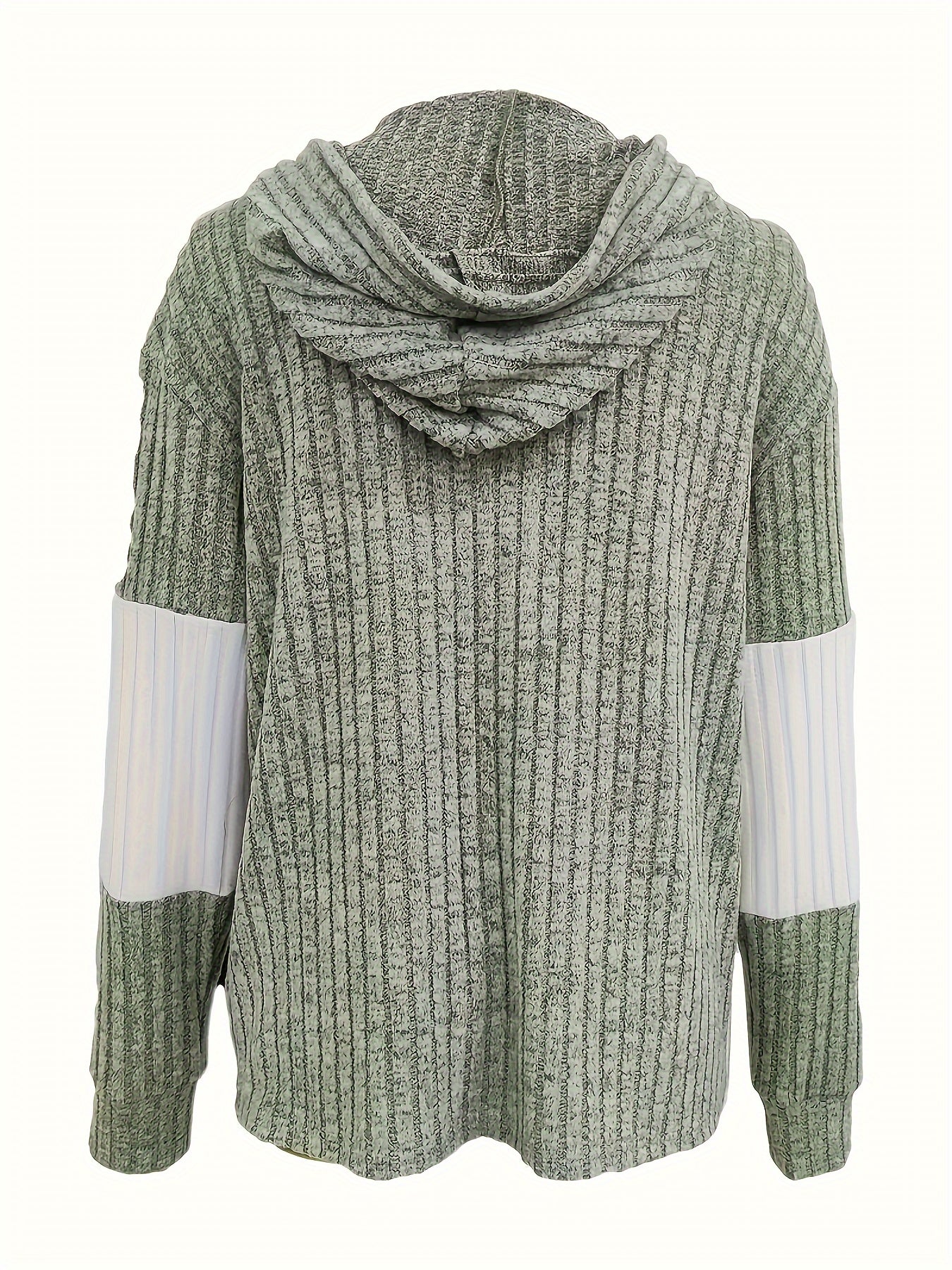 Color Block Zip-Up Drawstring Hoodie – Casual Long Sleeve Rib Knit Sweatshirt for Women