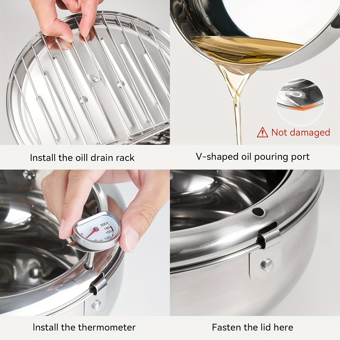 304 Stainless Steel Tempura Fryer Pot – 2.2L, Non-Stick, with Thermometer & Lid for Chicken & Tempura