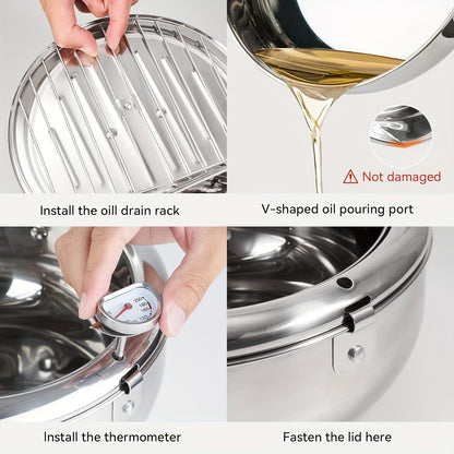 304 Stainless Steel Tempura Fryer Pot – 2.2L, Non-Stick, with Thermometer & Lid for Chicken & Tempura