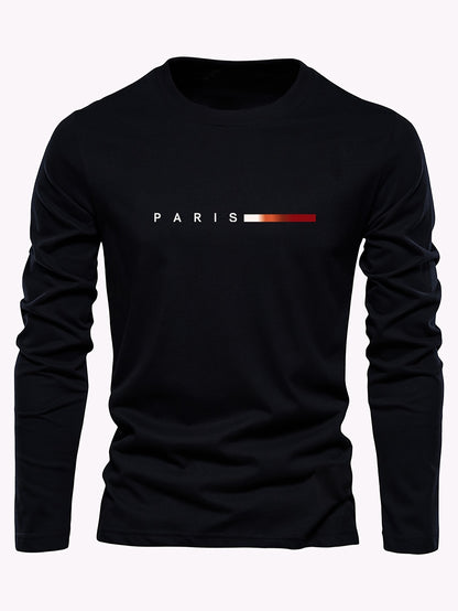 Men's 3-Pack 100% Cotton Long Sleeve T-Shirts - Casual Crew Neck with Paris Applique, Breathable Letter Print Tops for Spring/Fall