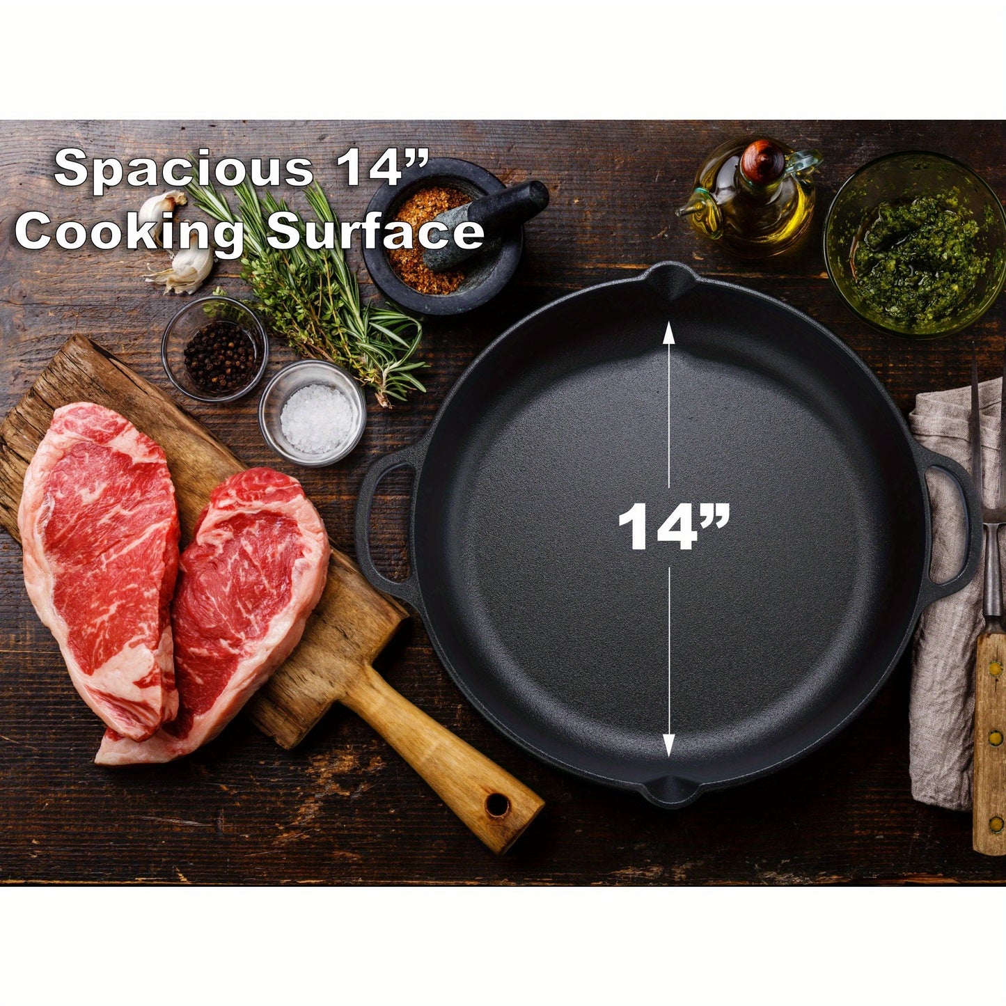 Pre-Seasoned 14" Cast Iron Skillet - Versatile Kitchen Essential, Oven and Grill Safe with Drip-Spout Design, Perfect for Camping and Indoor/Outdoor Cooking