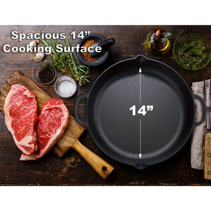 Pre-Seasoned 14" Cast Iron Skillet - Versatile Kitchen Essential, Oven and Grill Safe with Drip-Spout Design, Perfect for Camping and Indoor/Outdoor Cooking