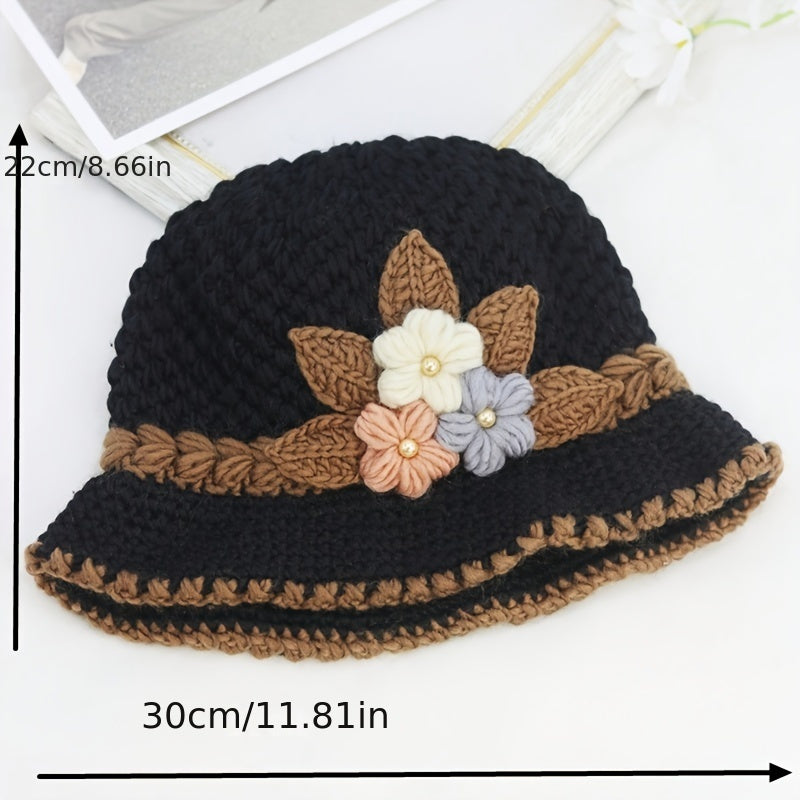 Elegant Flower Crochet Bucket Hat - Lightweight & Warm Knitted Fisherman Cap for Women, Autumn & Winter