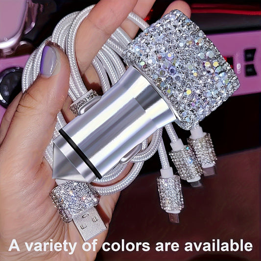 Sparkling USB Car Charger 5V/3.1A with Rhinestone Decoration – Dual Port Fast Adapter and 3.9ft Nylon Braided 3 in 1 Charging Cable for Type-C/Micro USB
