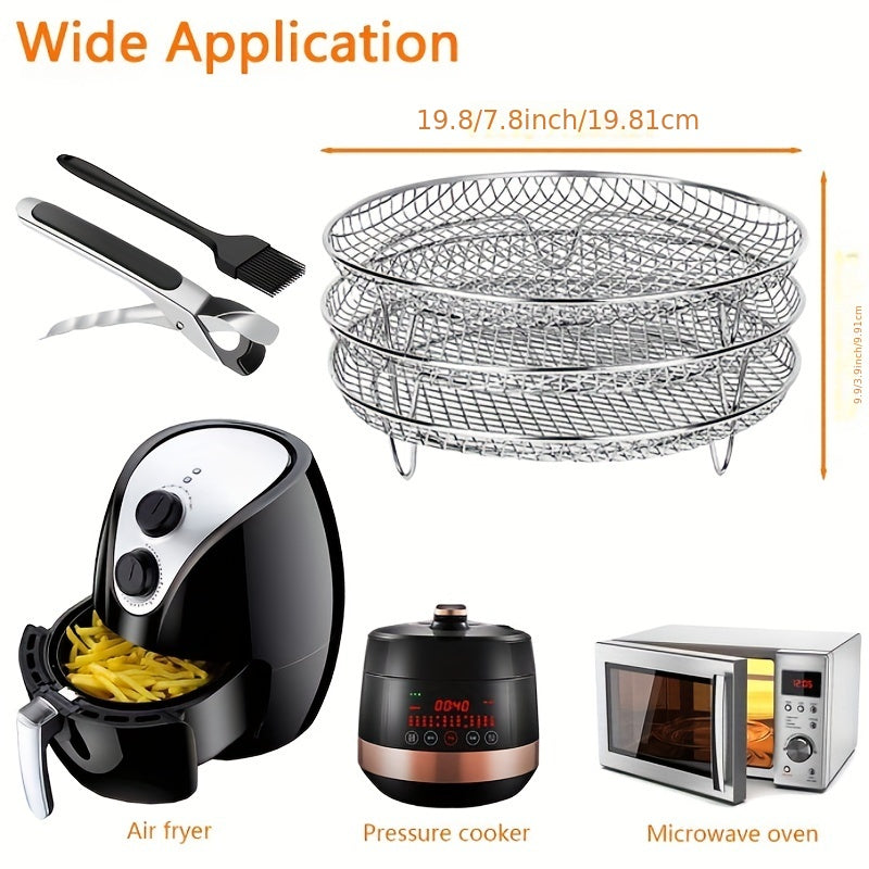 Air Fryer Accessories Set - Three-Layer Circular Grill Rack, Steam Rack, Stainless Steel Stackable Dehydration and Barbecue Rack, Drain and Filter Baskets, Oil Brush and Food Clips