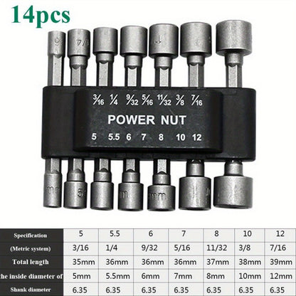 14-Piece Power Nut Driver Bit Set - 1/4" Hex Shank, CR-V Steel, Screwdriver Socket Bits for Power Tools, Sizes 5-13mm, No Battery Required