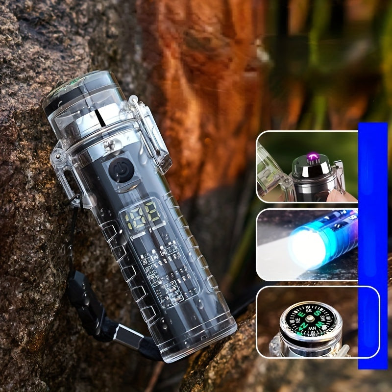 LED Intelligent Compass Double Arc Lighter with Flashlight – USB Rechargeable Flameless Plasma Lighter for Outdoor Survival – Exquisite Gift for Men and Women