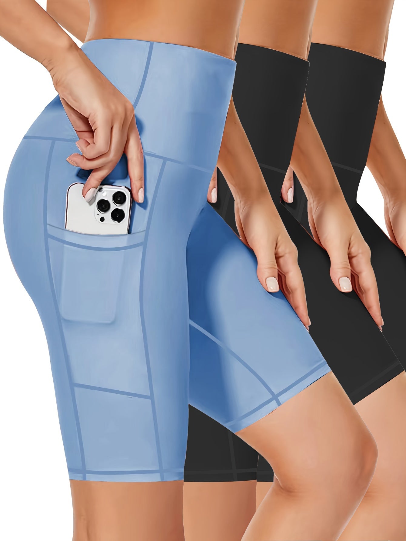 3pcs High Waist Yoga Shorts with Pockets - Breathable Fabric, Butt-Lifting Athletic Compression Shorts for Women, Sport Style Gym Activewear