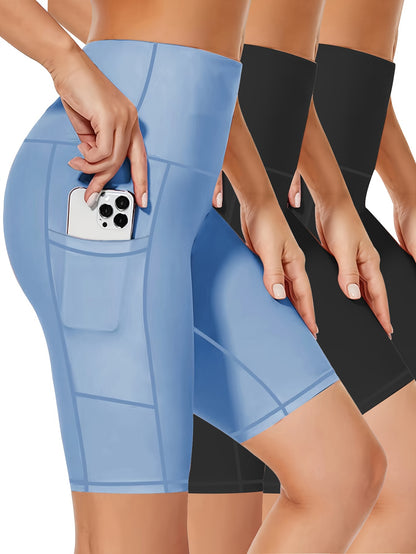 3pcs High Waist Yoga Shorts with Pockets - Breathable Fabric, Butt-Lifting Athletic Compression Shorts for Women, Sport Style Gym Activewear
