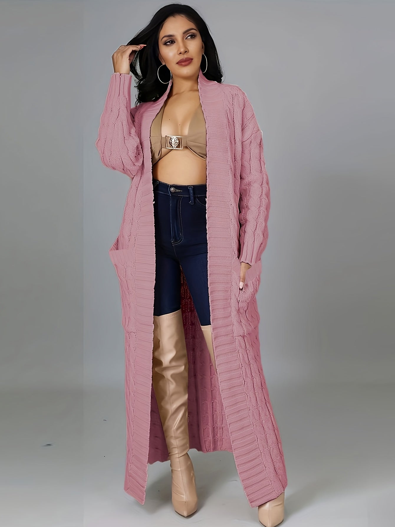 Long Length Cable Knit Cardigan – Elegant Solid Long Sleeve Sweater with Pockets – Women's Clothing