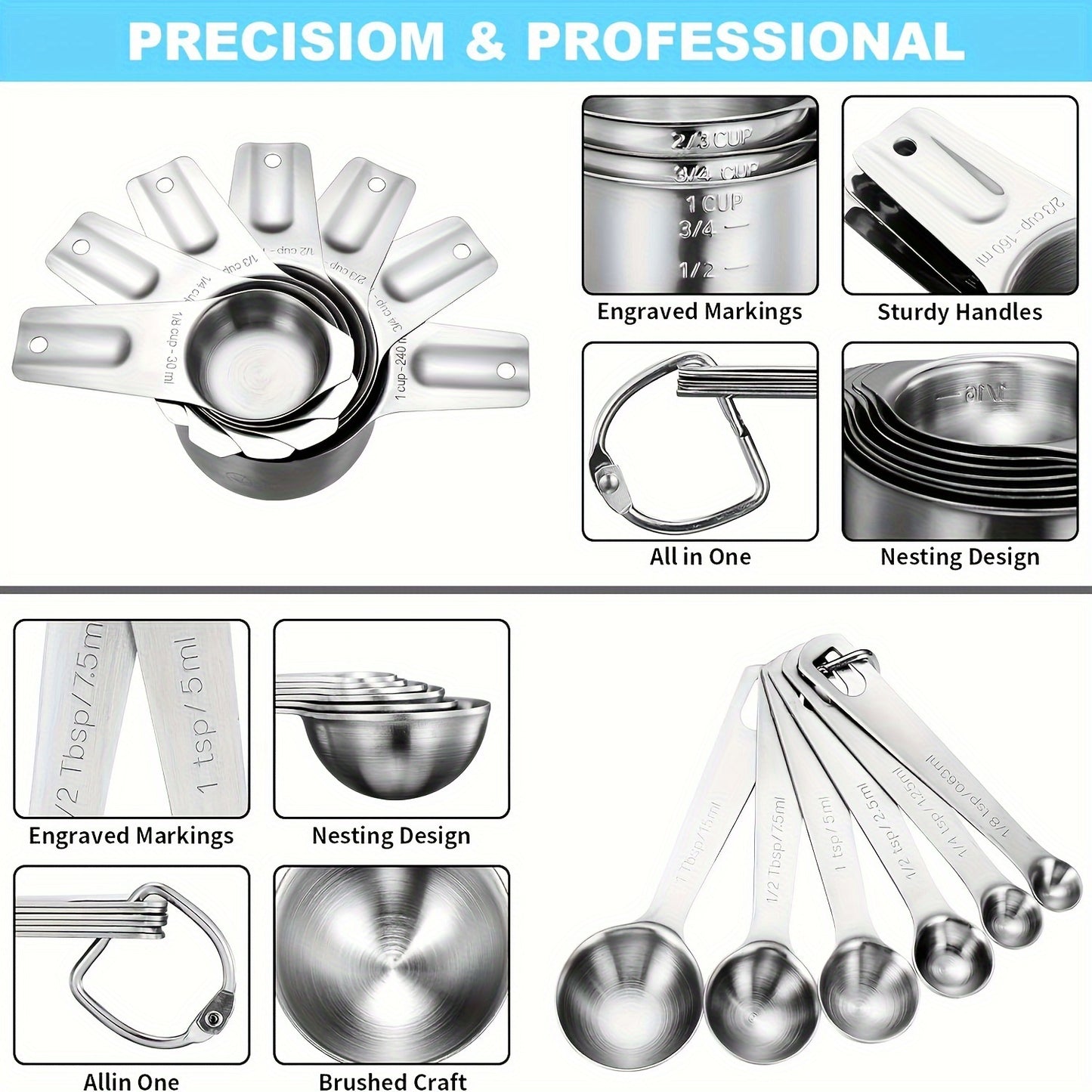 20 Piece Stainless Steel Measuring Cups and Spoons Set - Stackable Cups, Spoons, and Leveler for Dry and Liquid Ingredients - Essential Baking Tools for Kitchen