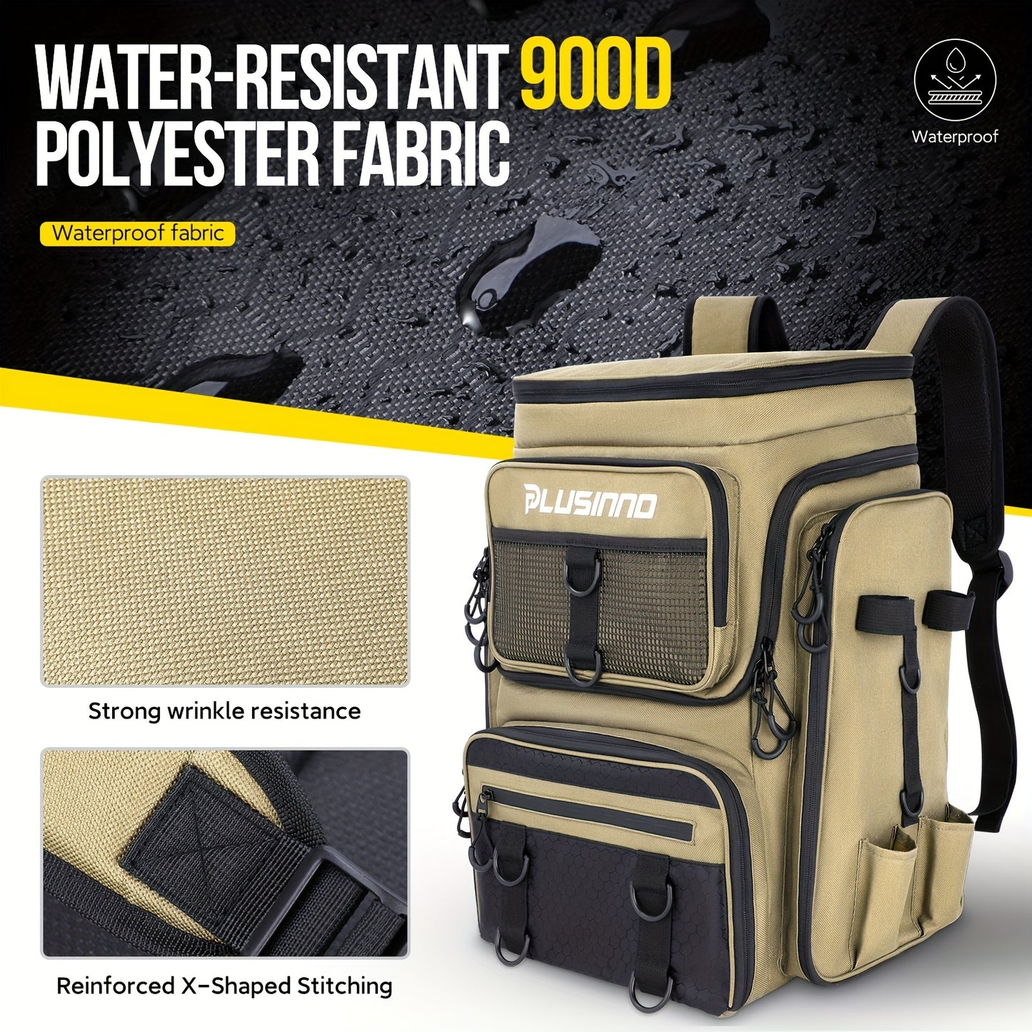 PLUSINNO Fishing Backpack – 42L Large Water-Resistant Tackle Bag with Rod Holders – Ideal for Fishing, Camping, Hiking – Great Fishing Gift for Men and Fathers, Khaki
