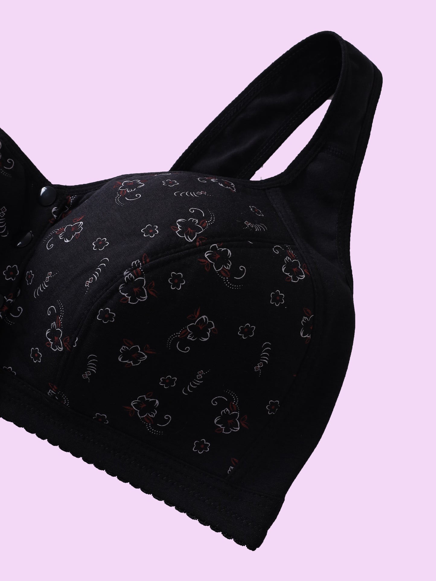 Plus Size Women's Elegant Romance Bra – Wireless, Non-Padded, Front Button Closure – Slight Stretch, Random Floral Print – Comfortable, Breathable Polyester Knit Fabric