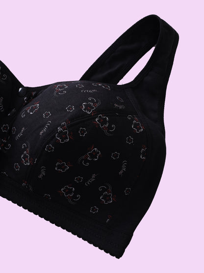 Plus Size Women's Elegant Romance Bra – Wireless, Non-Padded, Front Button Closure – Slight Stretch, Random Floral Print – Comfortable, Breathable Polyester Knit Fabric