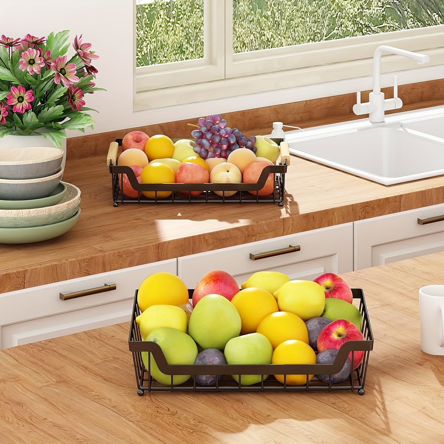 2 Tier Countertop Fruit Basket with 2 Banana Hangers - Detachable Metal Organizer for Bread, Vegetables & Fruits, Large Capacity Rectangular Storage Stand with Wooden Handle, Black