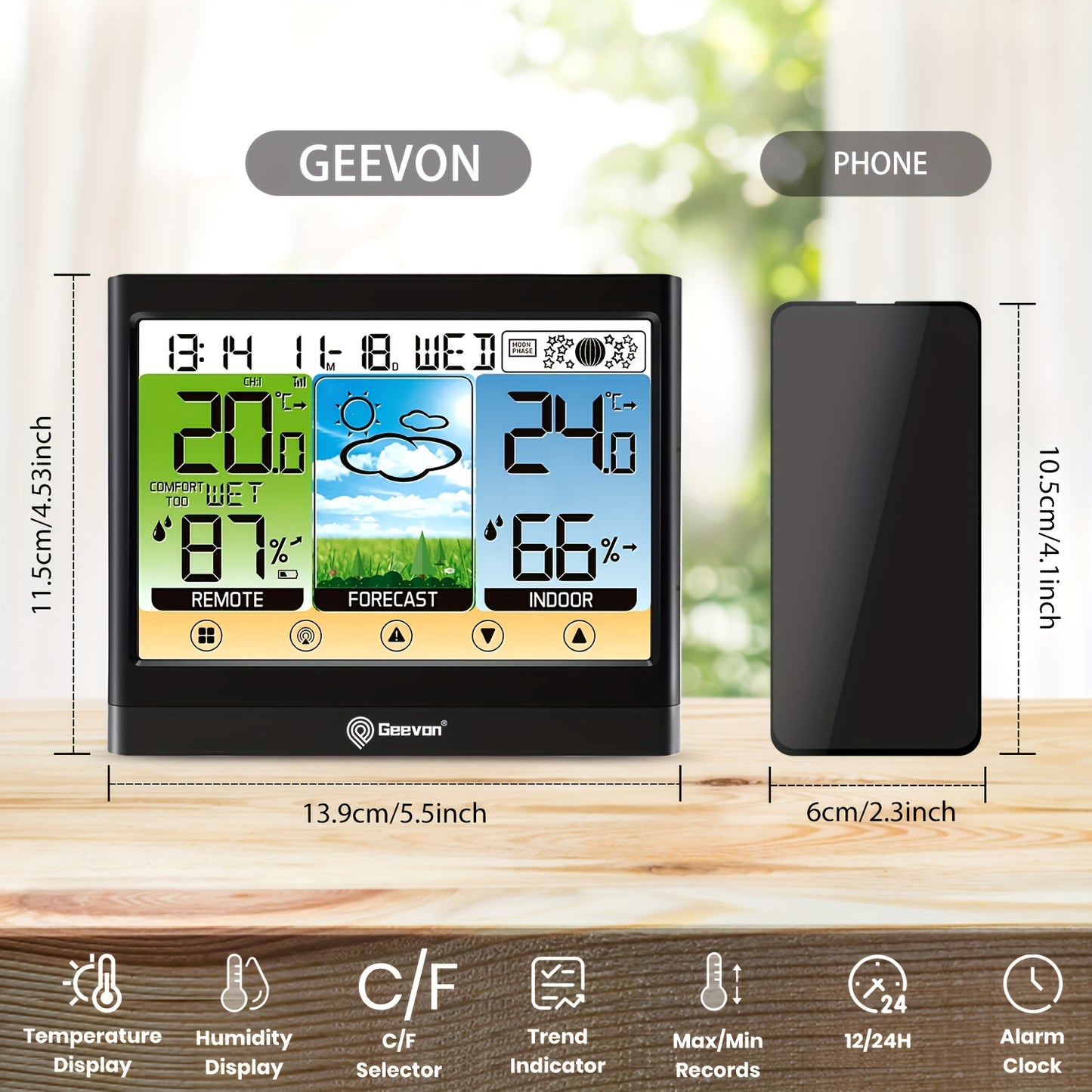 Wireless Weather Station Thermometer & Hygrometer – Indoor/Outdoor with Dew Point, Heat Index, LCD Display, Alarm Clock & Adjustable Backlight