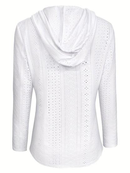 Solid Color Button Eyelet Hoodie – Casual Long Sleeve Drawstring Sweatshirt – Women's Clothing