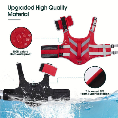 Water Safety Dog Life Jacket – Reflective and Adjustable Pet Flotation Vest with Handle and D-Ring, Polyester, Snap Button/Hook and Loop Closure – Hand Wash Only, for Small to Large Breeds
