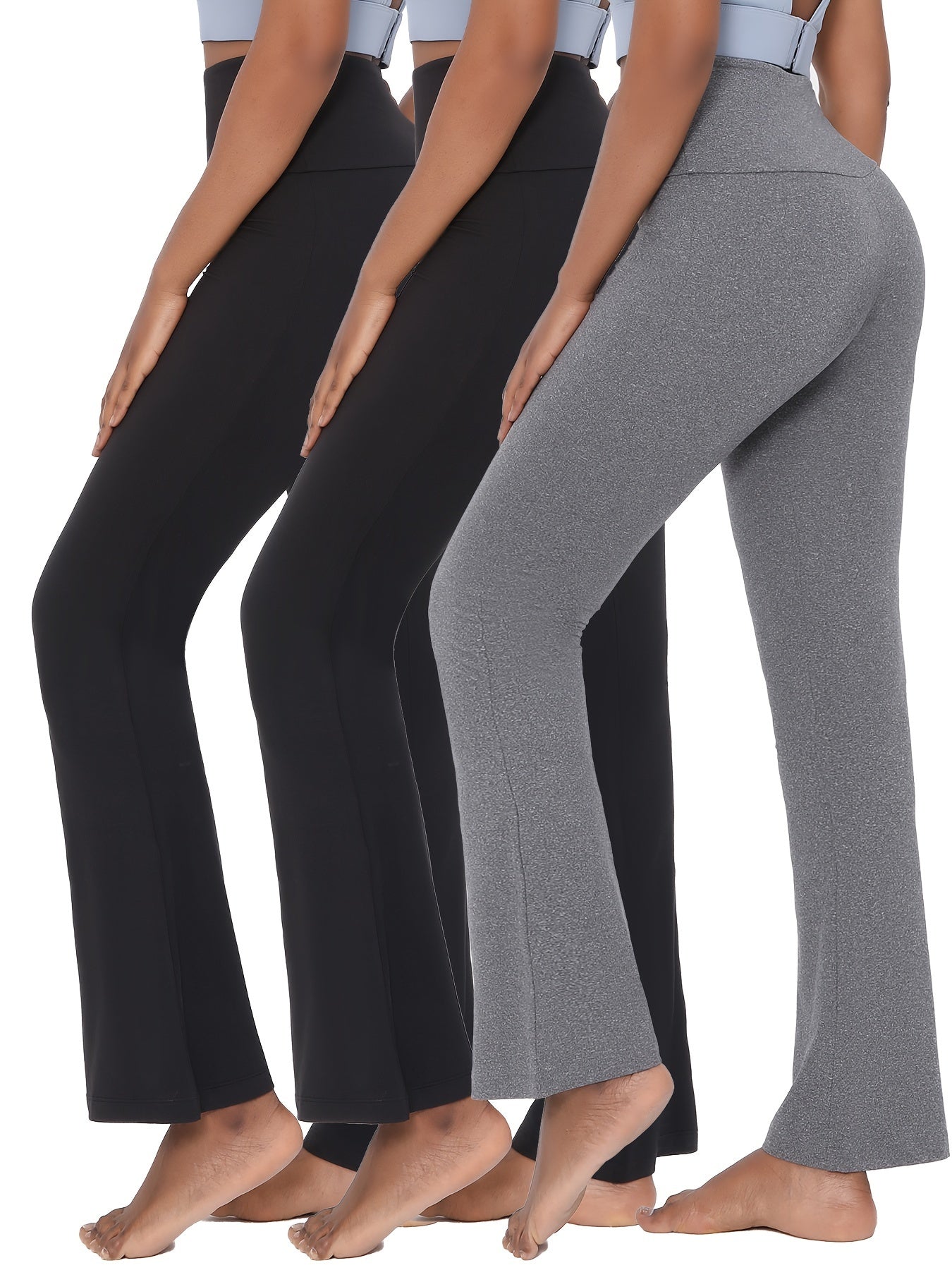 3 Pack Women's High-Waisted Flare Pants with Tummy Control – Soft Yoga, Workout & Running Bell Bottoms