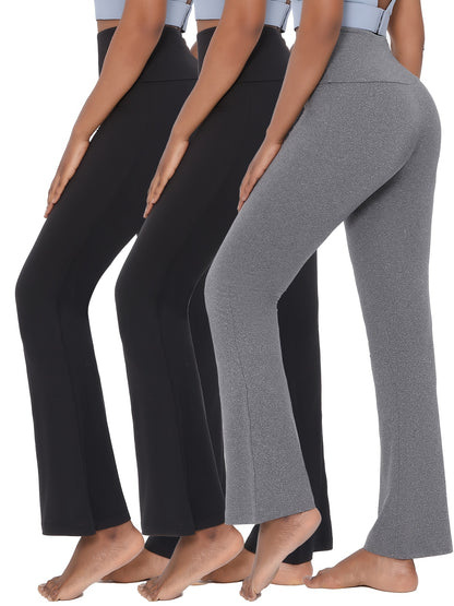 3 Pack Women's High-Waisted Flare Pants with Tummy Control – Soft Yoga, Workout & Running Bell Bottoms