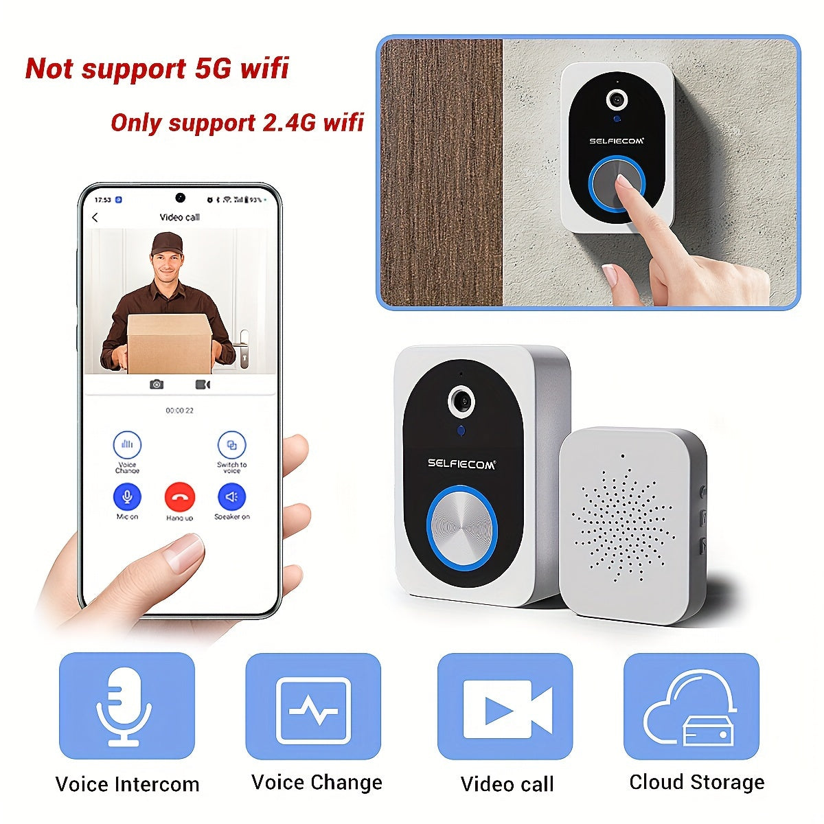 Smart Visual Dingdong Doorbell - 2.4GHz WiFi, HD Night Vision, 480P, APP Remote Video, Two-Way Call, 72 Hours Cloud Storage, Voice Change Function