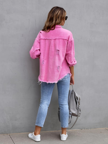 Women's Plus-Size Denim Blazer with Distressed Holes