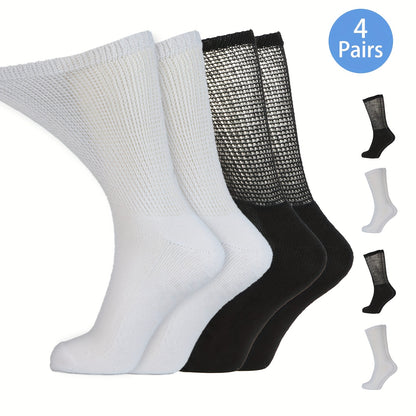 4 Pairs Diabetic Socks - Loose Fit, Non-Binding Seamless Cuff, Extra Wide Crew Socks for Men and Women