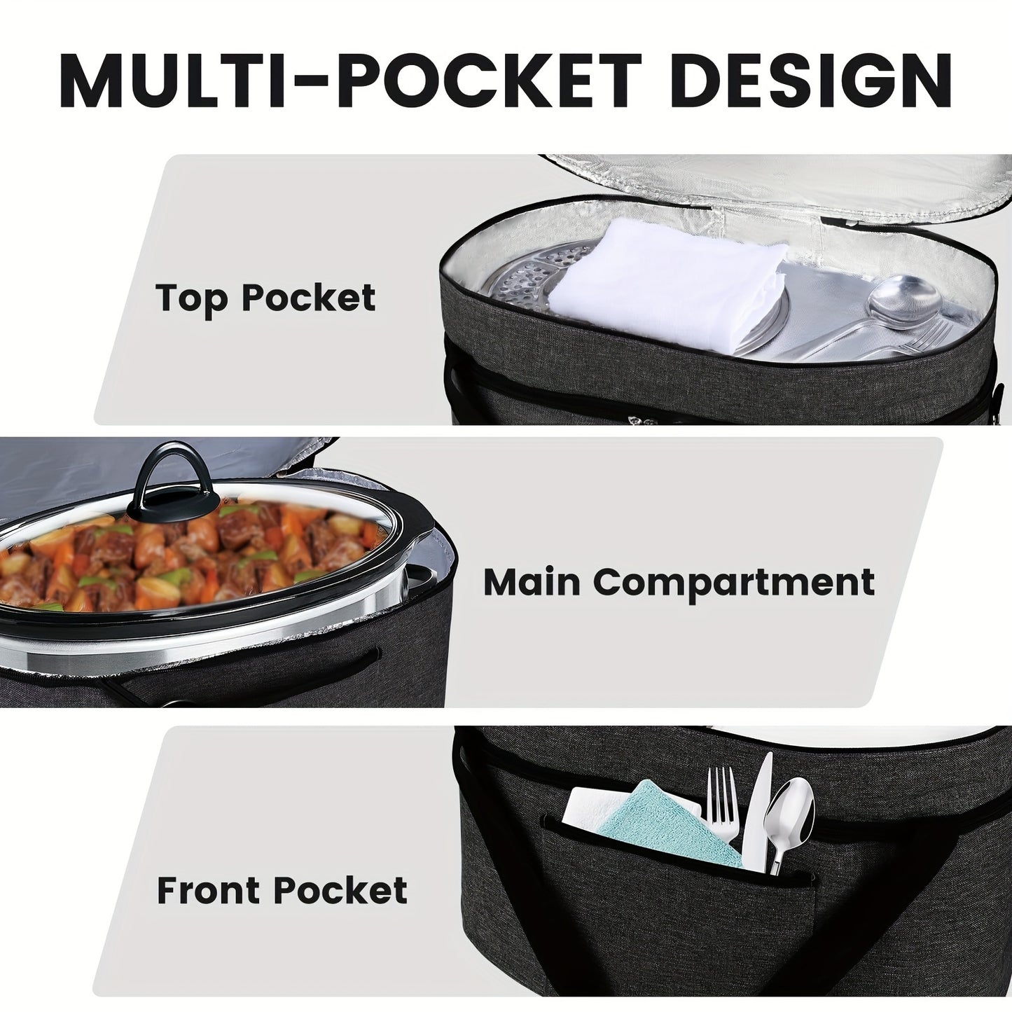 2 Layer Slow Cooker Bag for Crock-Pot 6-8 Quart – Insulated, Waterproof, Easy-Clean, Perfect for Travel, Family Gatherings, and Potlucks – Black and Grey