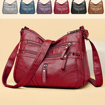 Women's Soft Faux Leather Crossbody Bag - Casual Style Shoulder Purse with Multi Pockets, Adjustable Strap, and Zipper Closure