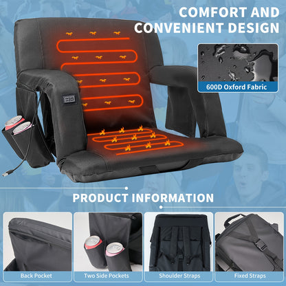 LILYPELLE ComfortPlus Stadium Seat - Double Heated, 6 Reclining Positions, Portable Bleacher Seat with Back and Arm Support for Sports Events, Travel, Hiking, Camping, and Outdoor Activities