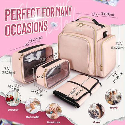 Large Multi-Functional Cosmetic Travel Organizer – 4 Detachable Compartments and Jewelry Roll, Versatile Makeup Bag for Toiletries, Skin Care, Hair Products, Ideal Women's Gift