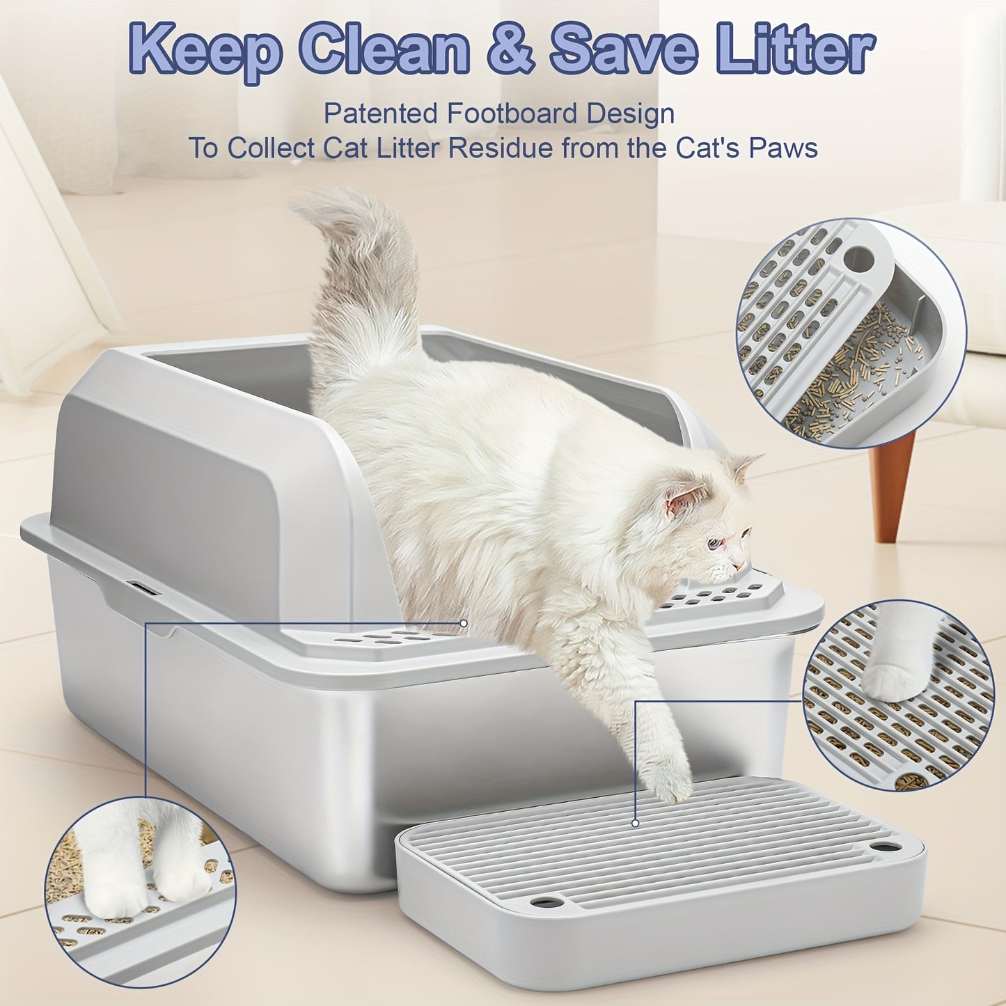 Extra-Large Stainless Steel Cat Litter Box with Lid - Open-Top, High-Sided, Leak-Proof, Easy Clean, Includes Scoop, Durable ABS and Plastic, Odor-Free with Separate Base