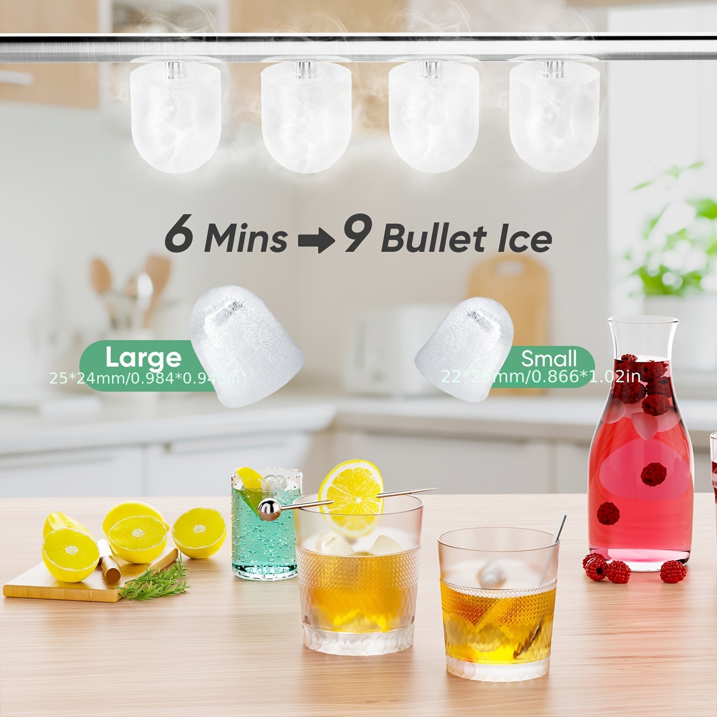 Countertop Ice Maker – Nugget Portable Ice Machine, 9 Bullet Ice Cubes in 6 Minutes, 26.5lbs in 24 Hours, Self-Cleaning with Handle, Basket, Scoop for Home, Kitchen, Party, Camping, RV