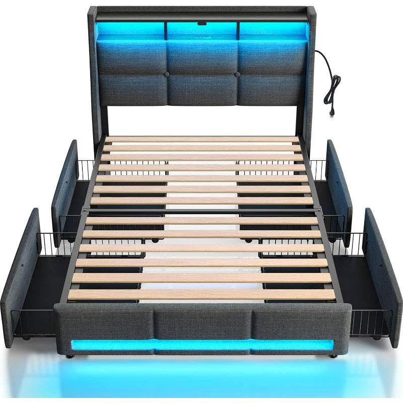 Twin Full Queen Bed Frame with LED Lighting and Charging Station - PU Leather/Neutral Linen Storage Headboard, Drawers, Heavy Duty Wood Slats, Easy Assembly - Modern Bedroom Furniture Upgrade