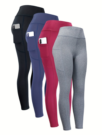 4pcs High Waist Yoga Leggings with Pocket – Seamless, Butt Lifting, Elastic Activewear for Women, Wide Waistband, Ideal for Fall and Winter