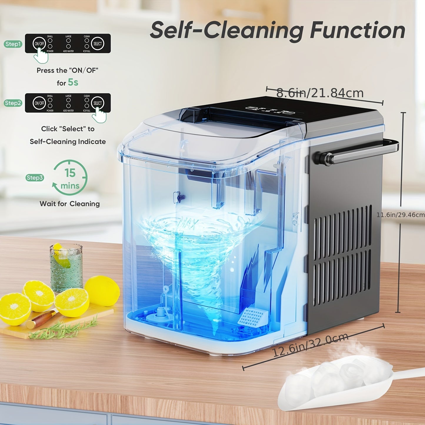 Countertop Ice Maker – Nugget Portable Ice Machine, 9 Bullet Ice Cubes in 6 Minutes, 26.5lbs in 24 Hours, Self-Cleaning with Handle, Basket, Scoop for Home, Kitchen, Party, Camping, RV