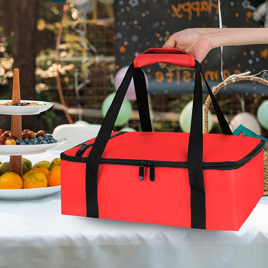 Red Baking Tray Bag – Expandable Layered Insulated Pot Carrier for 9"x13" Baking Tray – Forest Grey Grid, Hot or Cold Food – Layered Lugger Handbag, Lunch Bag with Ice Pack