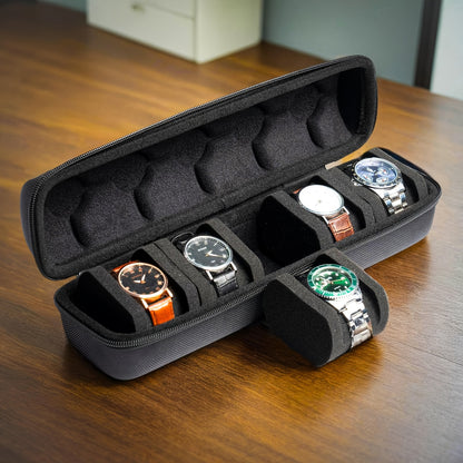 5 Slot Watch Travel Case - Hardshell Storage Organizer Box for Men and Women's Watches with Soft Foam Pillow and Handle